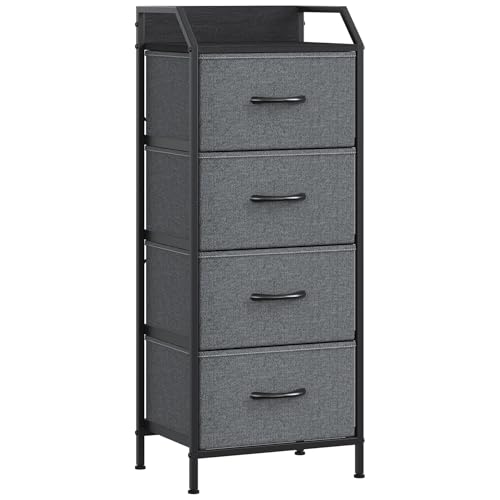 Feonase 4-Drawer Chest of Drawers with Metal Frame & Top Back Panel – Modern Fabric Storage Cabinet for Bedroom, Living Room, Small Spaces (43x30x97cm, Deep Grey)