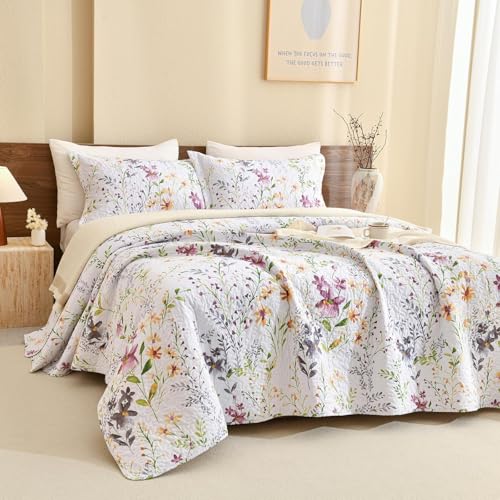 "Sanracie California King Quilt Bedding Set(118""x106""), 100% Cotton Floral Aesthetic Bedspread Sets 3Pcs Soft Lightweight Yellow Wild Flower Botanical Printed Pattern Coverlet Set"