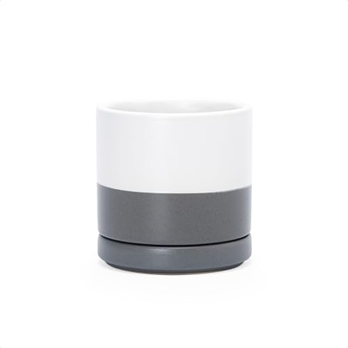 D'vine Dev 3.5 Inch Ceramic Planter Pot, White/Grey, 94-O-A-6 - Modern Cylinder Design, Drainage Hole & Saucer Included, Stable Structure, Elegant Home Accent