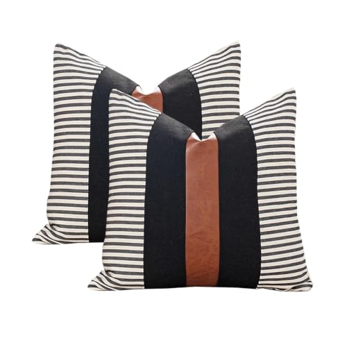 Vfuty Set of 2 Boho Decorative Throw Pillow Covers 20x20 Inch Farmhouse Stripe Pillow Case,Faux Leather Modern Cushion Cover for Living Room Couch Bed Neutral Decor Pillowcase Black and Brown, B-2020
