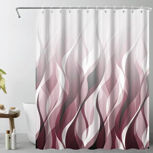 DORCEV Abstract Ombre Burgundy Striped Shower Curtain for Bathroom Decor Geometric Waves Shower Curtain Modern Art Minimalist Bath Curtains Waterproof Shower Curtains Set,72x72inch