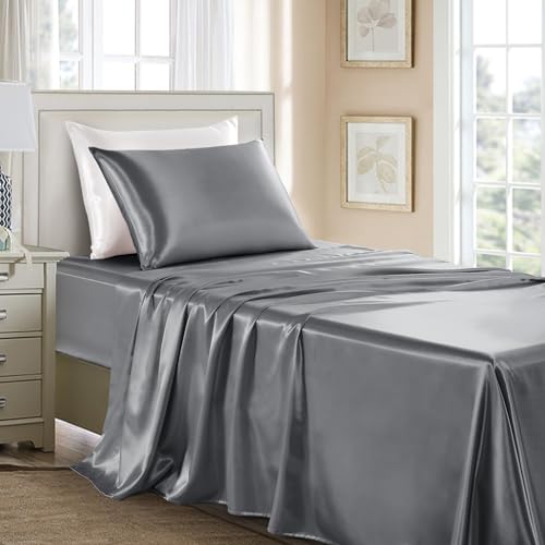 GOLAL Satin Sheets Twin XL Size - 3 Pieces Luxury Silky Soft Bed Sheets, Wrinkle-Free Dark Grey Satin Silk Sheet Set with 1 Deep Pocket Fitted Sheet, 1 Flat Sheet, 1 Pillow case