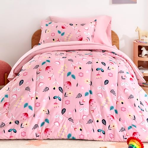 SLEEP ZONE Kids Twin Bedding Comforter Set - Super Cute & Soft Kids Bedding 5 Pieces Set with Comforter, Sheet, Pillowcase & Sham (Pink Flower)