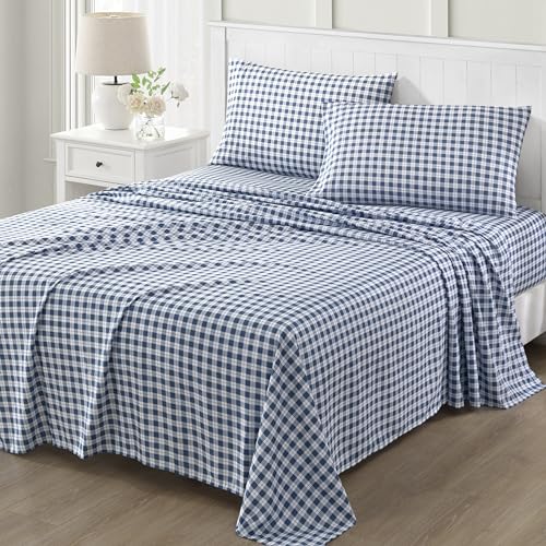 Martha Stewart Ultra Soft Brushed and Washed Microfiber 4 Piece Sheet Set, Easy Care, Comfy Bed Sheets with Deep Pocket, 1 Flat Sheet, 1 Fitted Sheet, 2 King Pillowcases, King Size, Navy Blue