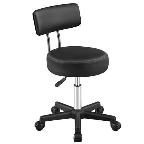 SONGMICS Swivel Stool, Height Adjustable Rolling Office Stool, 360° Rotating Chair with Wheels, PU Seat, Supports 150 kg, for Salon Beauty Room Laboratory Workshop, with Backrest, Ink Black OSC071B101