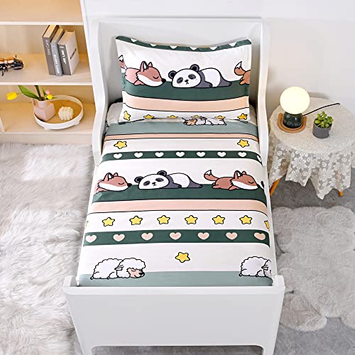 Hecnoey Kids Bed Fitted Sheets and Pillowcases Set (Green(Panda), Twin)