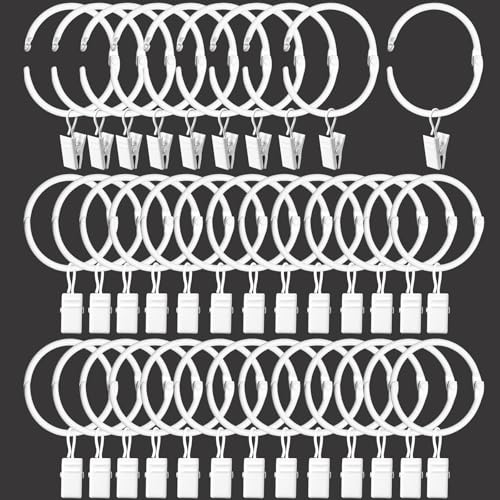 "LLPJS Openable Curtain Rings with Clips, Open Drapery Rings with Hooks, Curtain Clips 1.26 inch Interior Diameter, Fit up to 1"" Curtain Rod (White, 1.26"" I D Set of 36)"