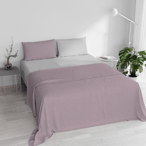 Double Bed Sheet Set, 100% Natural Cotton, Made in Italy – Complete Bed Set, Fitted Sheet, Top Sheet 240 x 300 cm and Pillowcases with Inner Flap, Antique Pink/Light Grey