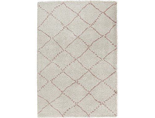 Hash Rug Round High Pile Living Room Rug Soft Fluffy Long Pile Shaggy Flokati Diamond Pattern for Living Room Kitchen Hallway or Bedroom Cream Pink Diameter 160 cm