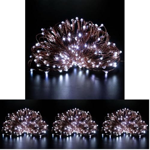 SHATCHI 100 LED/10m Fairy String Lights Copper Wire Battery Operated Cool White LEDs Twinkle Waterproof Lights for Bedroom, Christmas, Party, Wedding Outdoor Indoor Decoration (Pack of 4)