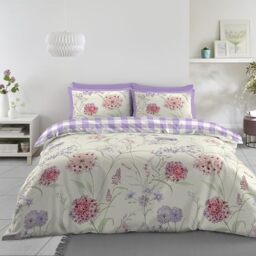 GC GAVENO CAVAILIA Botanical Duvet Cover Sets With Pillow Cases - Soft & Cosy Double Duvet Cover Set (200x200 Cm) - Lightweight Reversible Purple Bedding Tartan Check Quilt Covers Bed Set