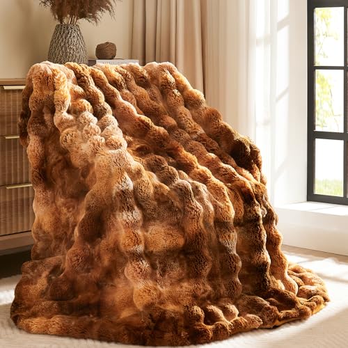 "L'AGRATY Faux Fur Throw Blanket: 60"" x 80"" Luxury Soft Fluffy Thick Rabbit Fur Blankets for Twin Bed Couch - Cozy Plush Bubble Blankets for Home Decor: Warm Flannel Fleece Decorative Blanket"