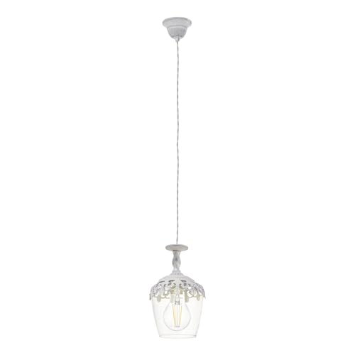 Eglo Pendant Light Sudbury, 1-Light Hanging Lamp Vintage, Retro, Pendant Lamp Made of Steel and Glass in White Patina, Clear, Dining Table Light, Hanging Living Room Lamp with E27 Socket