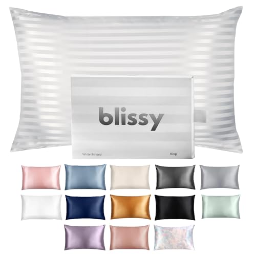 Blissy Silk Pillowcase - 100% Pure Mulberry Silk - 22 Momme 6A High-Grade Fibers - Silk Pillow Cover for Hair & Skin - Regular, Queen & King with Hidden Zipper (Queen, White Striped)