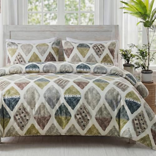 Cozaline 100% Cotton Duvet Cover Set King ??? Green Geometric Bedding Set 3 Pieces, Soft Lightweight Comforter Cover with Zipper Closure, Contemporary Color Aesthetic Bed Set
