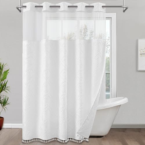 "ROSERY No Hook Shower Curtain with Snap in Fabric Liner Set, Boho Farmhouse Jacquard Tufted Geometric Striped Shower Curtain for Bathroom with Tassel, Diamond Pattern, 71"" W x 74"" L"