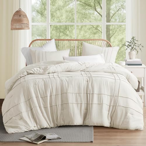 Comfort Spaces Cream King Size Comforter Set - 3 Pieces Pintuck Pleated Bedding Sets King, All Season Lightweight, Extra Softness Pre-Washed Microfiber King Bed Set, Shams, King/Cal King