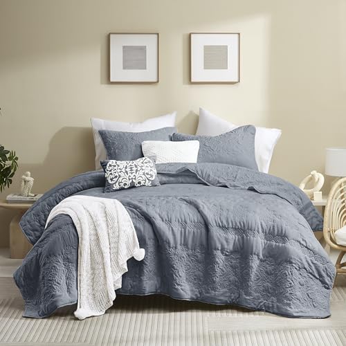 Boho Blue Quilt King Size Bedding Sets with Pillow Sham, Bohemian Lightweight Soft Bedspread Coverlet, Farmhouse Quilted Blanket Thin Comforter Bed Cover for All Season, 3 Pieces, 104x90 inches