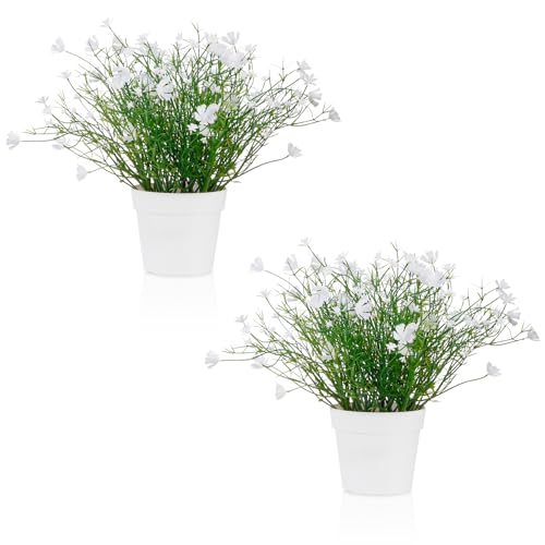 Blafrozzing Artificial Babys Breath Potted Fake Plants with Flowers Faux Plants Indoor for Home Office Bookshelf Table Room Decor, White (Pack of 2)