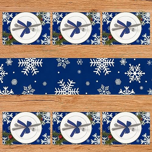 Peryiter 7 Pieces Snowflake Table Runner and Placemats Set Winter 13 x 72 Inch Navy Blue Table Runners with 6 Xmas Place Mats Decorations for Holiday Party Dining Decor