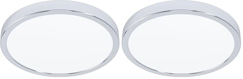 Eglo LED Flush Ceiling Light Fueva 5, Ø 11 in, Round Bathroom Lighting Made of Chrome Coloured Metal and Plastic, Warm White lamp, IP44 (Pack of 2)