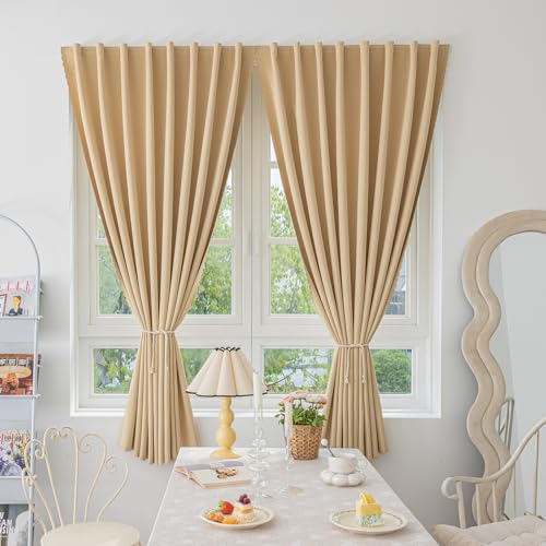 "Jilron Magic Tape Stick on Curtains Blackout Curtains for Bedroom no Drillng Self Adhesive Curtain no Rod Small Window (Beige, 47"" W x 79"" L) 2 Panels"