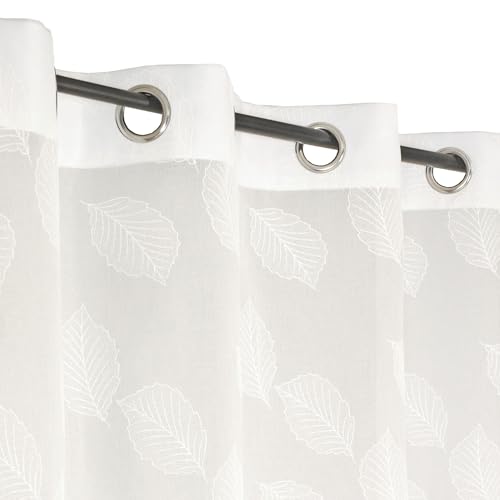 Atout Ciel Leaf Print Net Curtain 50% Recycled Polyester with Eyelets 140 x 240 cm Ready to Hang White