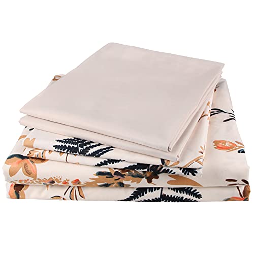 JSD Blush Pink Floral Queen Sheet Set 6 Piece, Soft Botanical Ferns Print Microfiber Sheets Deep Pocket