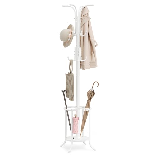 SONGMICS Coat Rack Freestanding, Coat Stand with Umbrella Holder, 12 Hooks, Metal, 175 cm Tall, for Entryway, Hallway, Living Room, Bedroom, Pearl White RCR011W01