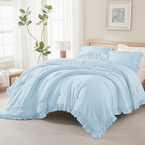 Andency Light Blue King Size Comforter Set, 3 Pcs Solid Farmhouse Bedding - Shabby Chic All-Season Western Rustic Soft Down Alternative Bed Set for Adults