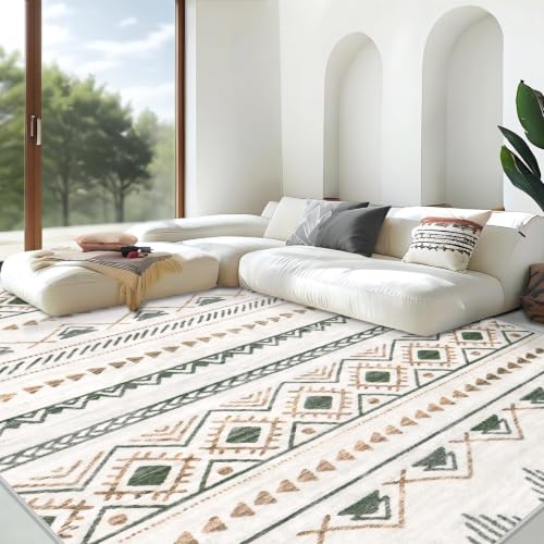 Area Rug for Living Room 9x12: Large Washable Boho Moroccan Rugs Geometric Neutral Rug, Non-Slip Foldable Morden Farmhouse Indoor Floor Carpet for Bedroom Dining Table Home(Brown Green,9'x12')