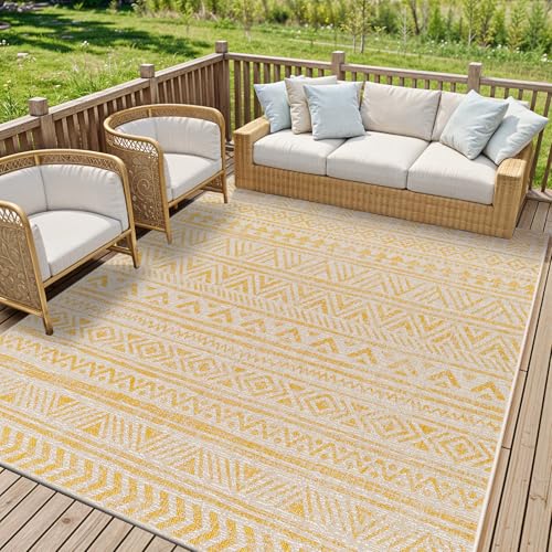 LIVABLISS Diksha Alora Indoor Outdoor Carpet 200x275 cm – Boho Neutral Pattern for Living Room, Dining & Kitchen, Water-Resistant, Easy Care Floor Covering, Mustard Ivory