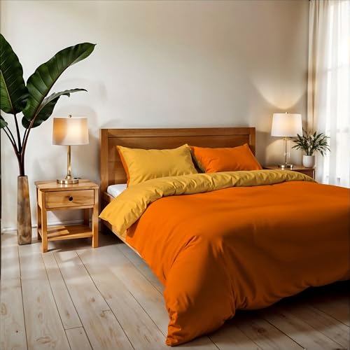 Double Duvet Cover, Plain Double Face, Vera Bed Linen Set with Duvet Cover 250 x 200 cm with Envelope 20 x 50 cm + 2 Pillowcases 50 x 80 cm, Orange/Yellow