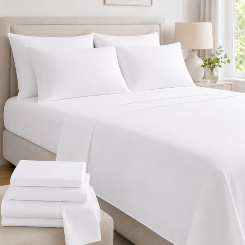 "Mattress-Homes Premium Collection, 7 PC Split Sheet Set, 100% Egyptian Cotton Crisp Fits Mattress Up to 18"" DEEP Pocket, King Size, Machine Wash, Extra-Soft Breathable Sheets in White Solid"