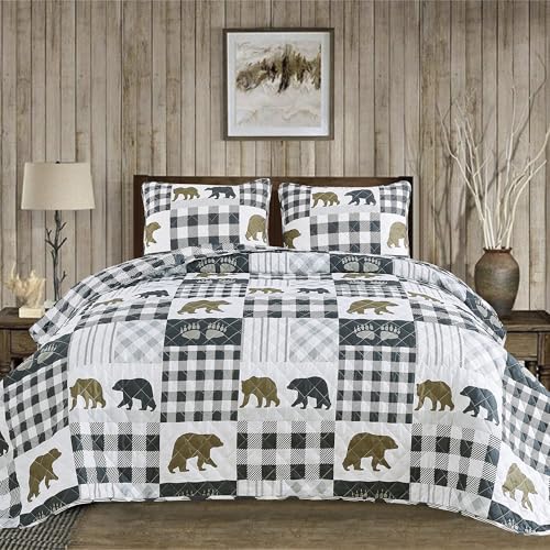 Market & Place Rustic Quilts King Size - 3-Piece Cabin Comforter Set with Shams - Reversible Lodge Bear Bedding for All Season - Orson Collection (King, Grey/Brown)