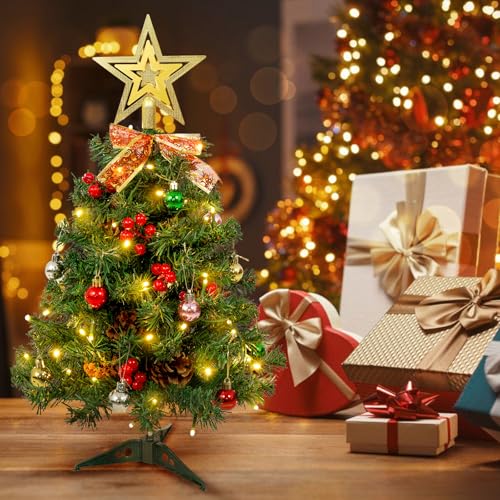 AGM Mini Christmas Tree 2ft, 60cm Prelit Tabletop Christmas Tree with Tree Topper Star and Tree Skirt, for Christmas Home Kitchen Dining Table Decor