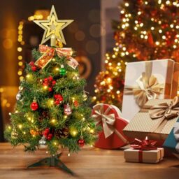 AGM Mini Christmas Tree 2ft, 60cm Prelit Tabletop Christmas Tree with Tree Topper Star and Tree Skirt, for Christmas Home Kitchen Dining Table Decor