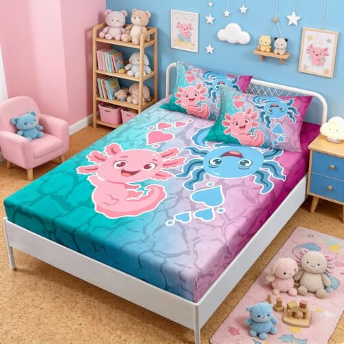 HOSIMA Cute Axolotl Bedding Set Twin Size,1 Fitted Sheet+2 Pillowcases. - Pink and Blue Axolotl Pattern Kawaii Fitted Sheet Set for Kids Bedroom Decor