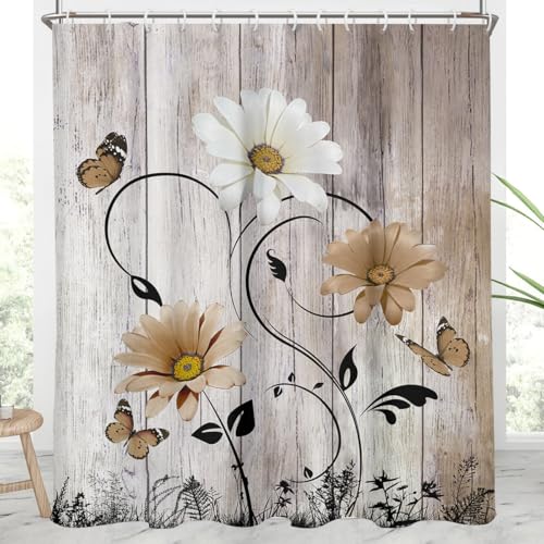 AAtter Brown Floral Shower Curtain Flower Retro Rustic White Daisy Country Butterfly Spring Farmhouse Country Chic Extra Long XL Large Home Bathroom Decor Bathtub Set with 12 Hooks, 72x84 Inch, Nature