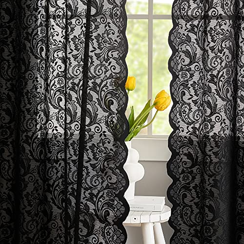 ALIGOGO Black Kitchen Lace Curtains 45 inch Length Boho Shabby Halloween Kitchen Curtains Short Sheer Curtains for Bathroom Laundry Small Window 2 Panels 52 x 45 Inch, Black