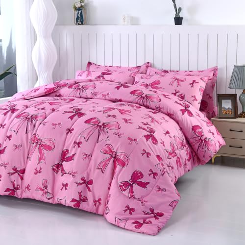 SDIII 3PCS Pink Bow Comforter Set Twin, Soft and Breathable Microfiber Lightweight Comforter Bows, Pink Bow Bedding Set Twin for Girls Kids Teens