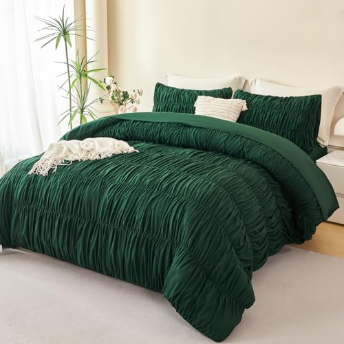 "PERFEMET King Size Comforter Set Emerald Green 5 Pieces Solid Fluffy Ruched Bedding with Sheet Set Luxury Soft Pleated Texture Bed in a Bag All Season Boho Farmhouse Ruffle Bed Sets, 104""x90"""