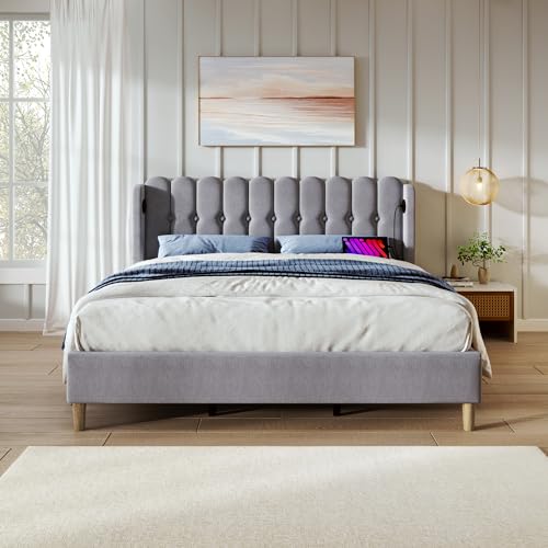 Ball & Cast 4ft6 Upholstered Double Bed Frame with USB & Type-C Charging Ports,135x190 cm Teenager Bed with Wooden Slatted Frame, Linen Material, Grey - Bed Frame for Bedroom & Guest Room