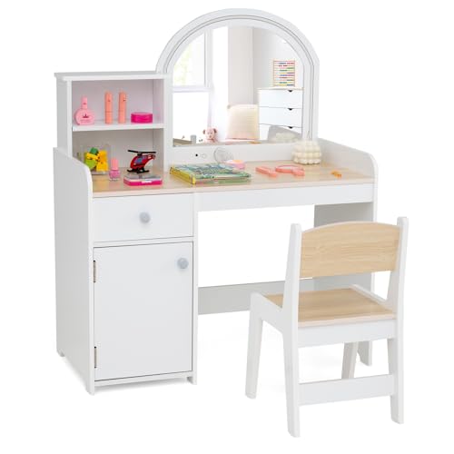 GYMAX Kids Vanity Table and Chair Set, Children Dressing Table with 2-Color LED Lighted Mirror, Drawer, Shelves and Cabinet, Wooden Girls Make up Table Set for Bedroom (Natural+White)