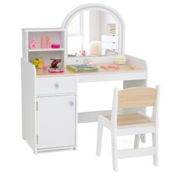 GYMAX Kids Vanity Table and Chair Set, Children Dressing Table with 2-Color LED Lighted Mirror, Drawer, Shelves and Cabinet, Wooden Girls Make up Table Set for Bedroom (Natural+White)