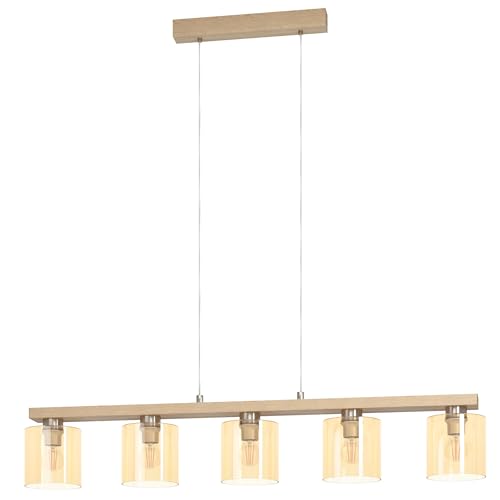 Eglo Pendant Lighting Castralvo, 5 Light Hanging lamp, Ceiling Light Fixture Made of Amber Coloured Glass, Silver Metal and Natural Wood, Dining Table lamp FSC Certified, E27 Socket