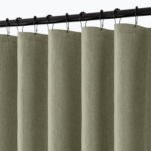 "ANRODUO Olive Green Linen Textured Fabric Shower Curtain Set - 60""x72"" with 10 Rust Resistant Durable Metal Hooks, Waterproof & Heavy Duty Polyester, Button Hole Design, Machine Washable for Bathroom"