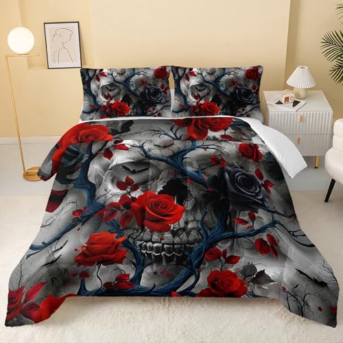 QOOMO Red Flowers Kids Bedding Set,Plants Print Comforter Set Full Size for Boys Girls Teen Room Decorat,Soft Lightweight Bed Set All Season,1 Comforter 2 Pillowcases