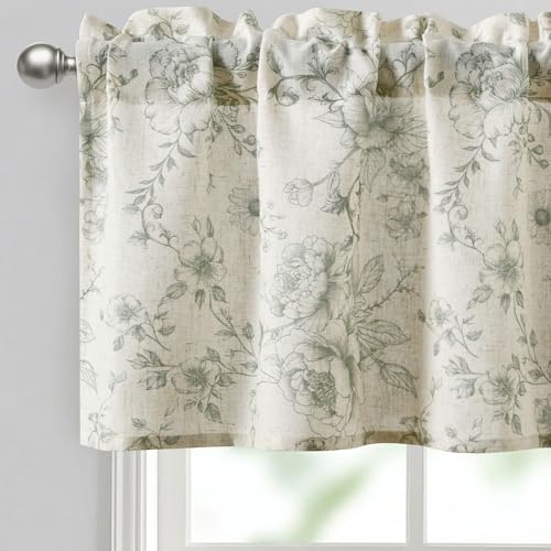 JIUZHEN Thick Textured Linen Floral Valance for Kitchen/Living Room/Bedroom???Rod Pocket French Farmhouse Light-Filtering Valance Curtain???Green Peony Fragmented Flowers???52 x 14 Inches,1 Panel