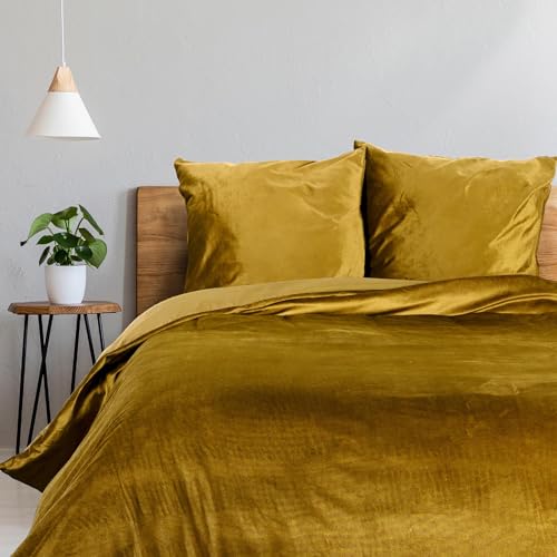 Douceur d'Intérieur, Velina 3-Piece Bedding Set (240 x 220 cm) Ochre Velour, Plain Velvet